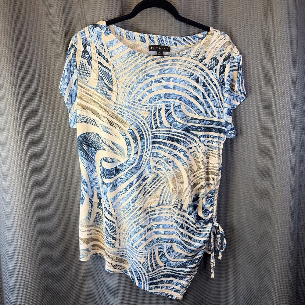 N Touch Womens Abstract Geometric Print Short Sleeve Blouse Blue Teal Size Large